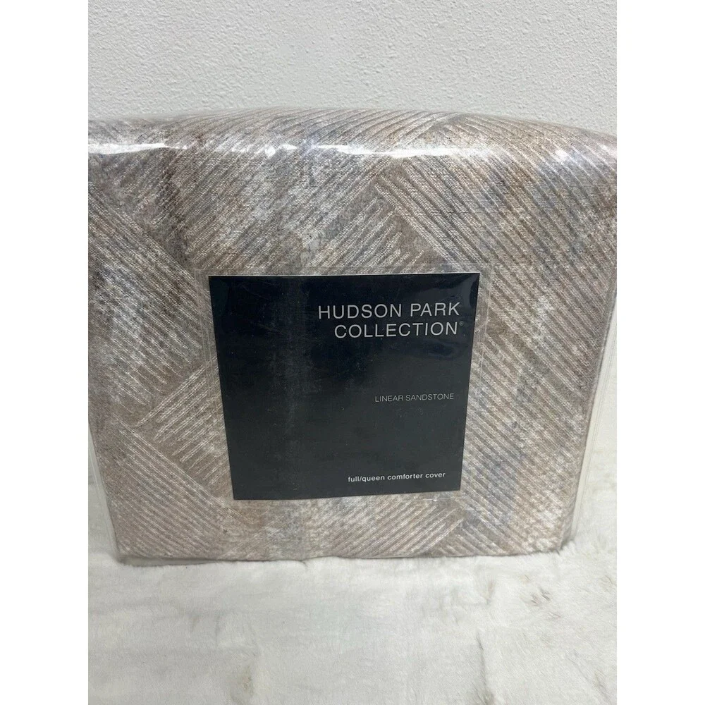 Hudson Park Linear Sandstone Full/Queen Duvet Cover + 1 Standard Sham Gold New